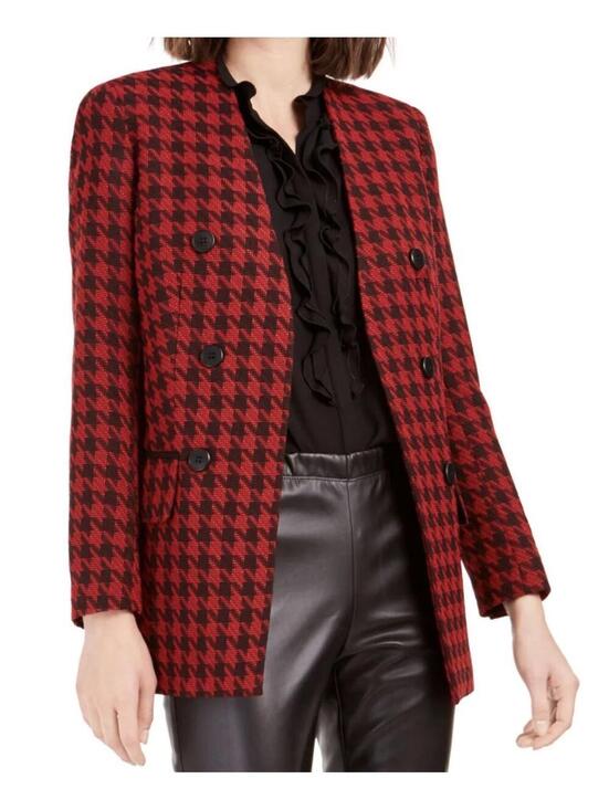 Bar III Jackets & Blazers - Bar III Red and Black Houndstooth Collarless Double-Breasted Blazer, Size 6